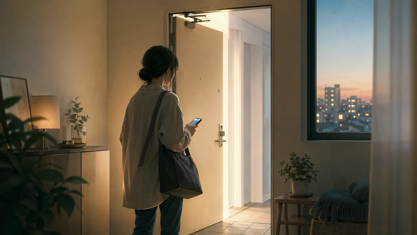 夜明けの部屋で、バッグとスマホを持って明るい玄関の外へ向かおうとする人物のイラスト